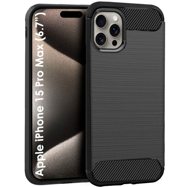 CUSTODIA per APPLE IPHONE 15 PRO MAX (6.7") IN GEL TPU EFFETTO METALLICO CON INSERTI IN FANTASIA CARBONIO COLORE NERO