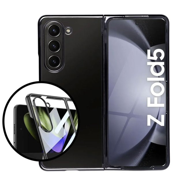 CUSTODIA per SAMSUNG GALAXY Z FOLD5 (F946) TRASPARENTE RIGIDA CON CORNICE NERA + BUMPER NERA PER IL COVER SCREEN ESTERNO