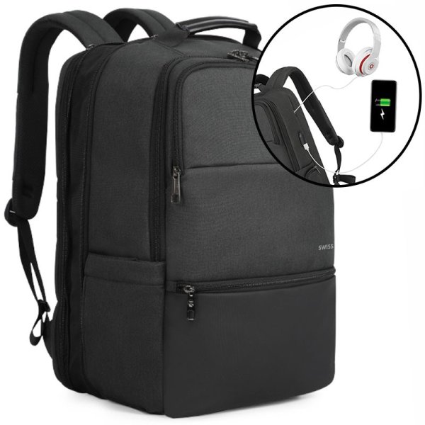 ZAINO PER NOTEBOOK FINO A 15.6" CON 8 SCOMPARTI, TASCHE DI SICUREZZA, LUCCHETTO E PORTA USB (M/F) - NERO 55010100 SWISSTEN