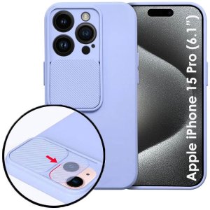 CUSTODIA per APPLE IPHONE 15 PRO (6.1") IN TPU SILICONE CON SLOT PER FOTOCAMERA SCORREVOLE E INTERNO IN MICROFIBRA LAVANDA