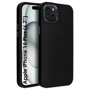 CUSTODIA per APPLE IPHONE 15 PLUS (6.7") IN GEL TPU SILICONE COLORE NERO CON CORNICE FOTOCAMERA E COPRI TASTI METALLIZZATI