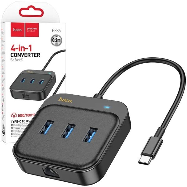 ADATTATORE DI RETE E HUB 4in1 DA USB-C A 3 PORTE USB 3.0 + 1 PORTA GIGABIT ETHERNET - LUNGHEZZA 20 CM COLORE NERO HB35 HOCO