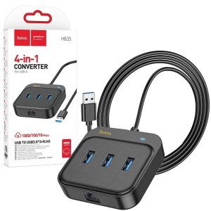 ADATTATORE DI RETE E HUB 4in1 DA USB 3.0 A 3 PORTE USB 3.0 + 1 PORTA GIGABIT ETHERNET - LUNGHEZZA 120 CM COLORE NERO HB35 HOCO