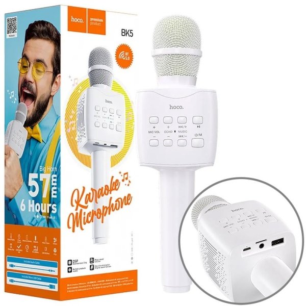 MICROFONO KARAOKE CON CASSA INTEGRATA 5W BLUETOOTH 5.0 - SLOT MICRO SD E USB - JACK 3.5mm PER CUFFIE COLORE BIANCO BK5 HOCO