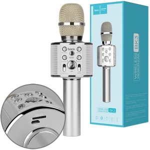 MICROFONO KARAOKE CON CASSA INTEGRATA 5W BLUETOOTH 4.2 - SLOT MICRO SD E RIVERBERO REGOLABILE IN ALLUMINIO SILVER BK3 HOCO