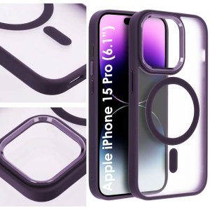 CUSTODIA per APPLE IPHONE 15 PRO (6.1") - COMPATIBILE MAGSAFE - SATINATA TRASPARENTE, CORNICE IN TPU E DETTAGLI VIOLA CROMATI