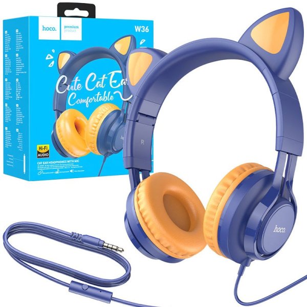 CUFFIE STEREO CON ORECCHIE DA GATTO, JACK 3,5mm E MICROFONO - LUNGHEZZA CAVO 1.2 MT COLORE BLU E GIALLO W36 HOCO