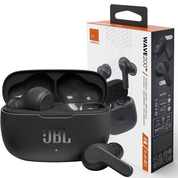 AURICOLARI BLUETOOTH 5.0 JBL - SUONO DEEP BASS E CONTROLLI TOUCH (CUFFIE UTILIZZABILI SINGOLARMENTE O INSIEME) NERO WAVE 200