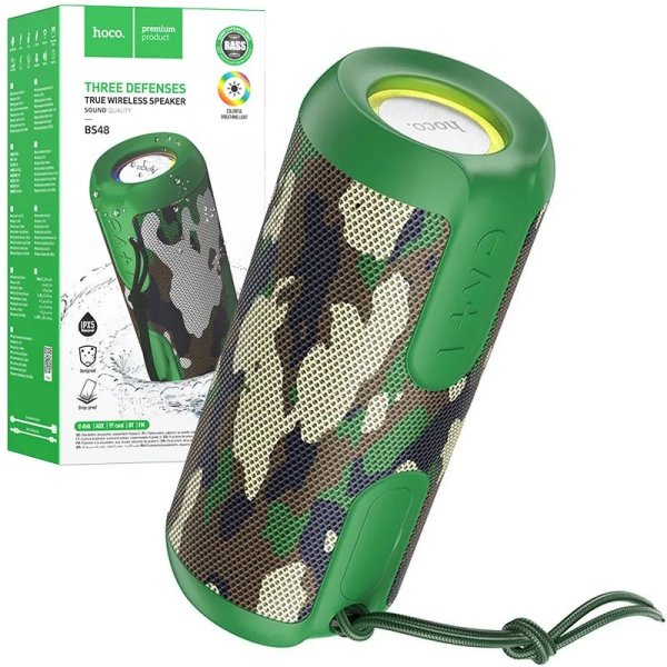 CASSA SPEAKER 10W BLUETOOTH 5.1 BS48 HOCO IPX5 CON LUCI LED MULTICOLORE, SLOT MICRO SD, ENTRATA USB E JACK 3,5mm VERDE CAMO