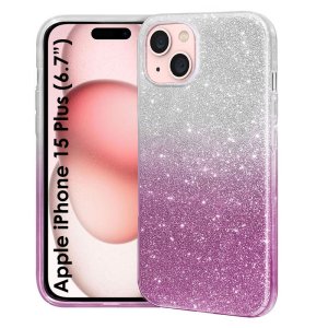 CUSTODIA per APPLE IPHONE 15 PLUS (6.7") IN GEL TPU SILICONE COLORE ROSA SFUMATO CON BRILLANTINI