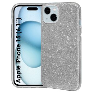 CUSTODIA per APPLE IPHONE 15 (6.1") IN GEL TPU SILICONE COLORE GRIGIO CON BRILLANTINI