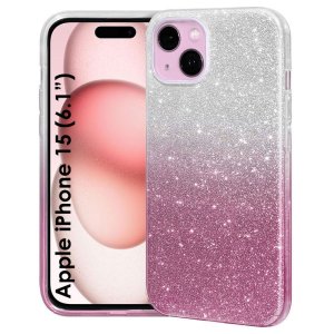 CUSTODIA per APPLE IPHONE 15 (6.1") IN GEL TPU SILICONE COLORE ROSA SFUMATO CON BRILLANTINI