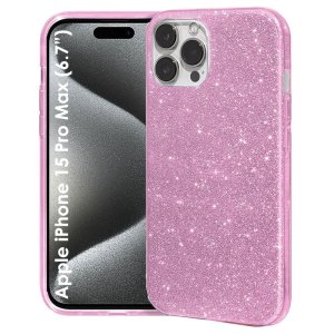 CUSTODIA per APPLE IPHONE 15 PRO MAX (6.7") IN GEL TPU SILICONE COLORE ROSA CON BRILLANTINI