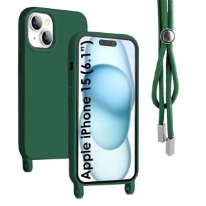 CUSTODIA per APPLE IPHONE 15 (6.1") IN SILICONE TPU CON CORDINO REGOLABILE E INTERNO IN MICROFIBRA COLORE VERDE