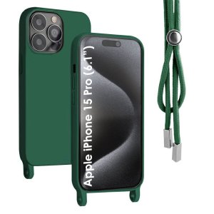 CUSTODIA per APPLE IPHONE 15 PRO (6.1") IN SILICONE TPU CON CORDINO REGOLABILE E INTERNO IN MICROFIBRA COLORE VERDE