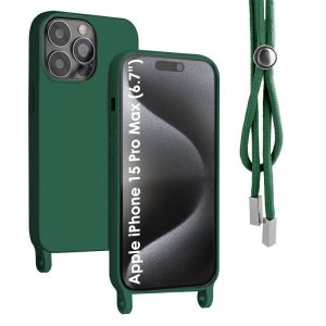 CUSTODIA per APPLE IPHONE 15 PRO MAX (6.7") IN SILICONE TPU CON CORDINO REGOLABILE E INTERNO IN MICROFIBRA COLORE VERDE