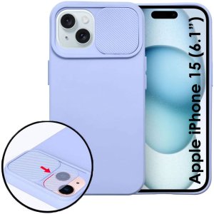 CUSTODIA per APPLE IPHONE 15 (6.1") IN SILICONE CON SLOT PER FOTOCAMERA SCORREVOLE E INTERNO IN MICROFIBRA COLORE LAVANDA