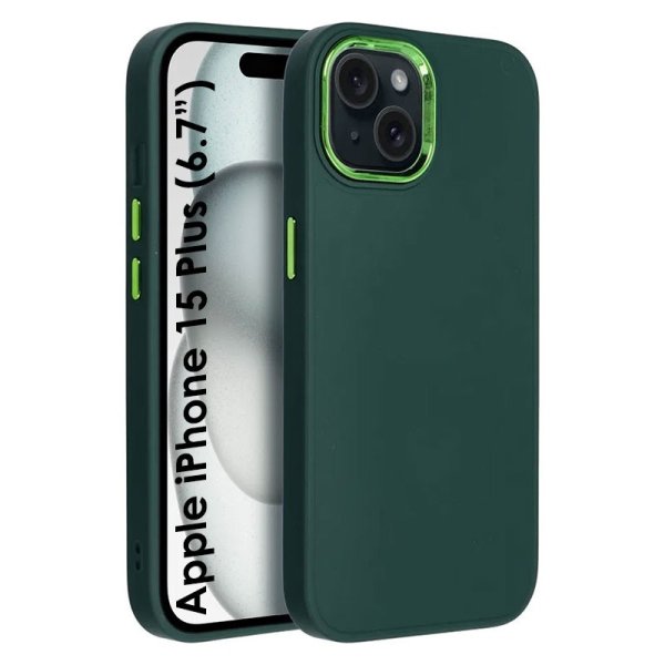 CUSTODIA per APPLE IPHONE 15 PLUS (6.7") IN GEL TPU SILICONE COLORE VERDE CON CORNICE FOTOCAMERA E COPRI TASTI METALLIZZATI