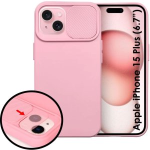 CUSTODIA per APPLE IPHONE 15 PLUS (6.7") IN SILICONE CON SLOT PER FOTOCAMERA SCORREVOLE E INTERNO IN MICROFIBRA ROSA