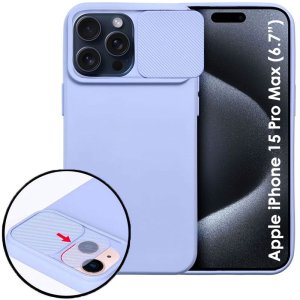 CUSTODIA per APPLE IPHONE 15 PRO MAX (6.7") IN SILICONE CON SLOT PER FOTOCAMERA SCORREVOLE E INTERNO IN MICROFIBRA LAVANDA