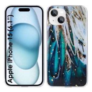 CUSTODIA per APPLE IPHONE 15 (6.1") IN GEL TPU SILICONE FANTASIA PIUME CON SCAGLIE D'ORO