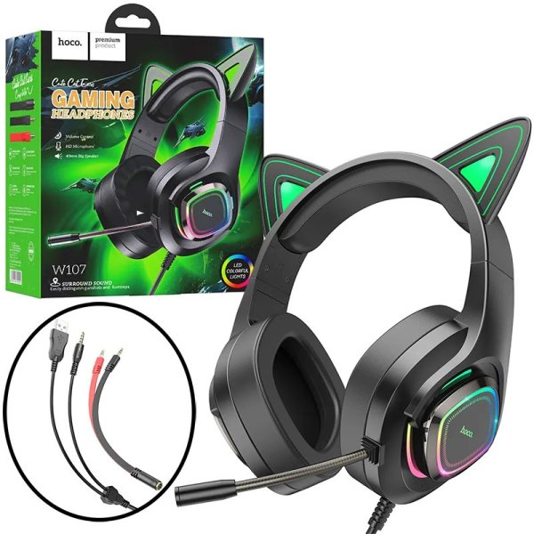 CUFFIE GAMING CON ORECCHIE DA GATTO, LED COLORATI E MICROFONO - ATTACCO USB + JACK 3,5MM E ADATTATORE 2XJACK 3,5mm W107 HOCO