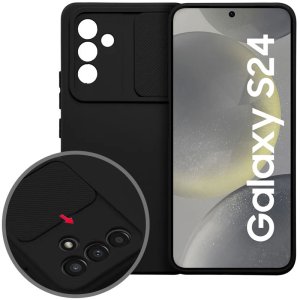 CUSTODIA per SAMSUNG GALAXY S24 (SM-S921) IN SILICONE CON SLOT PER FOTOCAMERA SCORREVOLE E INTERNO IN MICROFIBRA NERO