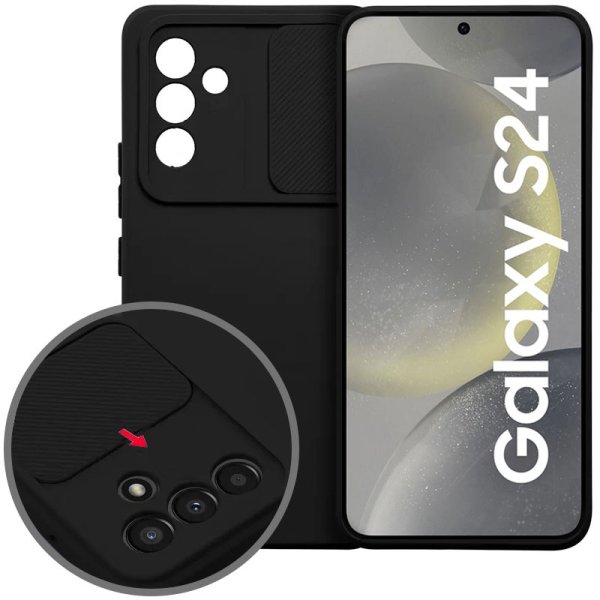 CUSTODIA per SAMSUNG GALAXY S24 (SM-S921) IN SILICONE CON SLOT PER FOTOCAMERA SCORREVOLE E INTERNO IN MICROFIBRA NERO