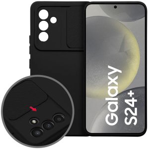 CUSTODIA per SAMSUNG GALAXY S24 PLUS (SM-S926) IN SILICONE CON SLOT PER FOTOCAMERA SCORREVOLE E INTERNO IN MICROFIBRA NERO