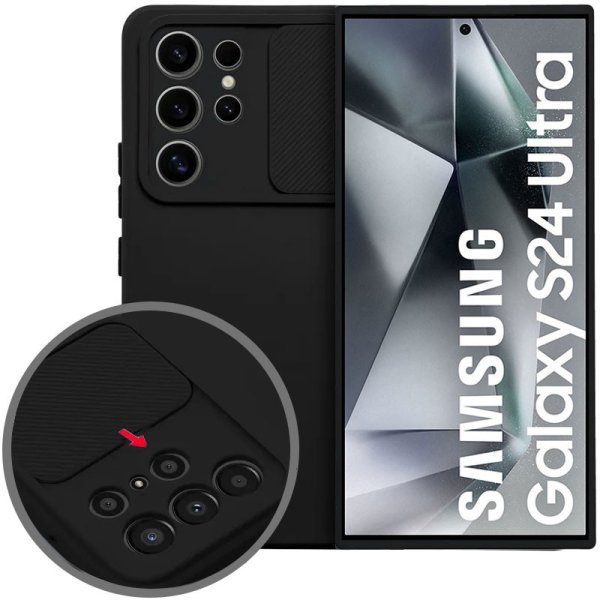 CUSTODIA per SAMSUNG GALAXY S24 ULTRA (SM-S928) IN SILICONE CON SLOT PER FOTOCAMERA SCORREVOLE E INTERNO IN MICROFIBRA NERO