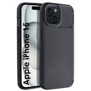 CUSTODIA per APPLE IPHONE 15 (6.1") IN GEL TPU SILICONE NERO EFFETTO CARBONIO CON BORDO PROTETTIVO FOTOCAMERE RIALZATO