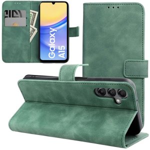 CUSTODIA per SAMSUNG GALAXY A15 (4G/5G) FLIP ORIZZONTALE IN ECOPELLE CON INTERNO IN TPU, PORTA CARTE E CHIUSURA MAGNETICA VERDE