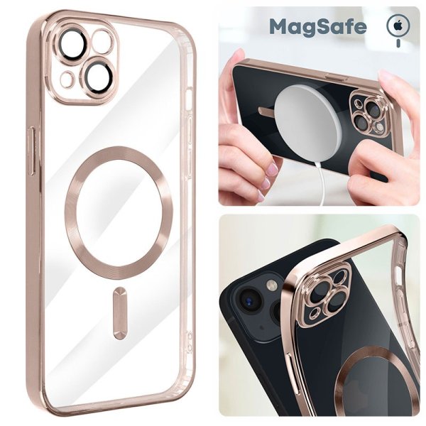 CUSTODIA per APPLE IPHONE 15 (6.1") IN TPU A 360° (COMPRESE FOTOCAMERE) DETTAGLI ROSA CROMATI - COMPATIBILE CON RICARICA MAGSAFE