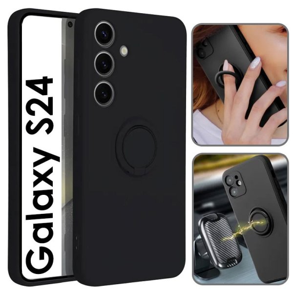 CUSTODIA per SAMSUNG GALAXY S24 (SM-S921) IN TPU SILICONE CON SUPPORTO AD ANELLO E INTERNO IN MICROFIBRA COLORE NERO