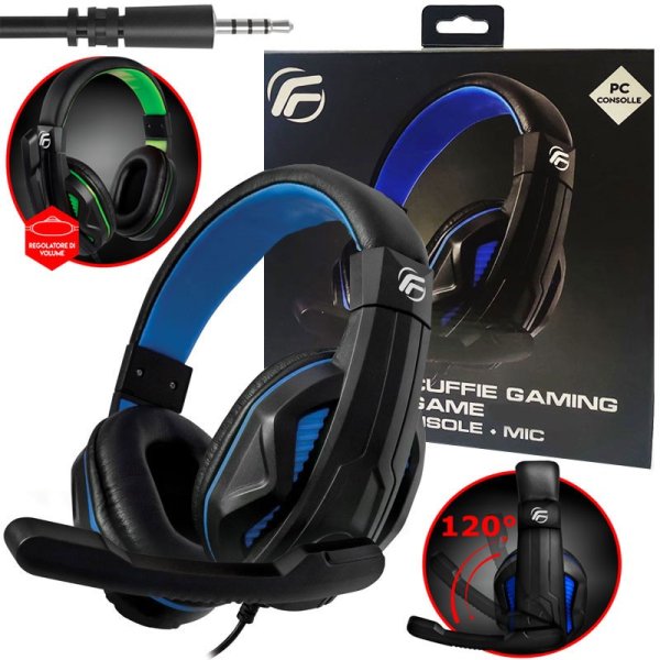 CUFFIE GAMING SOUNDGAME CON CONNETTORE JACK 3,5mm, MICROFONO RIPIEGABILE E REGOLATORE VOLUME NERE E BLU PC13 FENNER