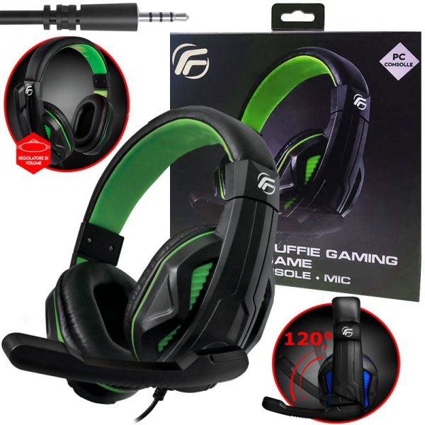 CUFFIE GAMING SOUNDGAME CON CONNETTORE JACK 3,5mm, MICROFONO RIPIEGABILE E REGOLATORE VOLUME NERE/VERDI PC13 FENNER