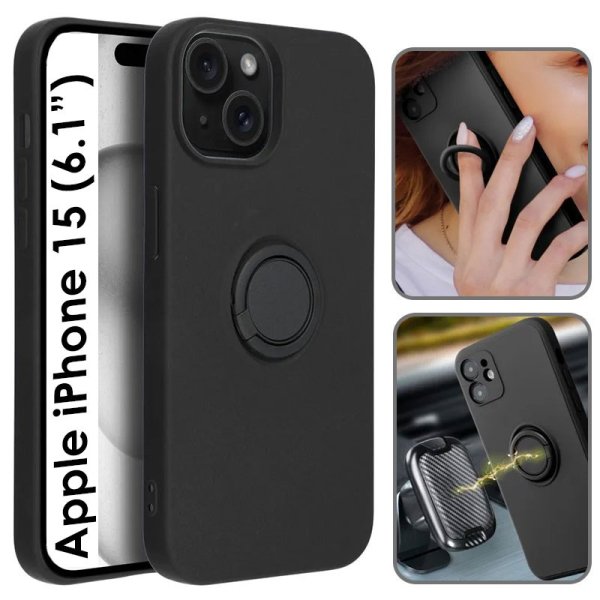 CUSTODIA per APPLE IPHONE 15 (6.1") IN TPU SILICONE CON SUPPORTO AD ANELLO E INTERNO IN MICROFIBRA COLORE NERO