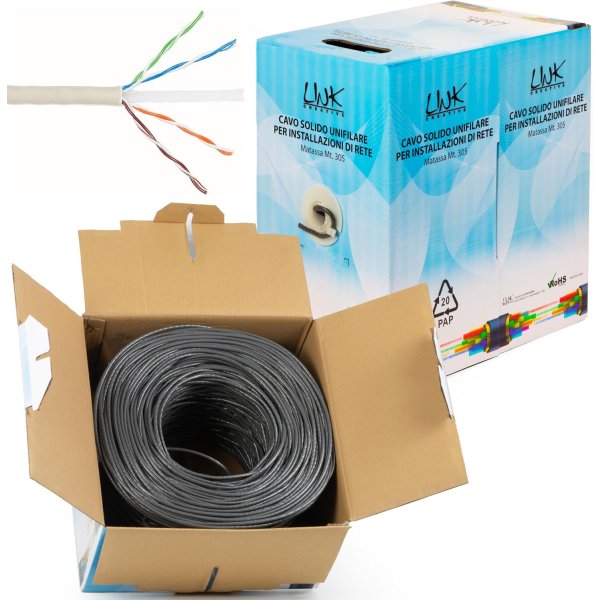 MATASSA LAN DA 305MT DI CAVO SOLIDO UTP CAT6 NON SCHERMATO MATERIALE CCA AWG23 - CLASSE ECA GRIGIO LK305U6S LINK - ATTENZIONE..