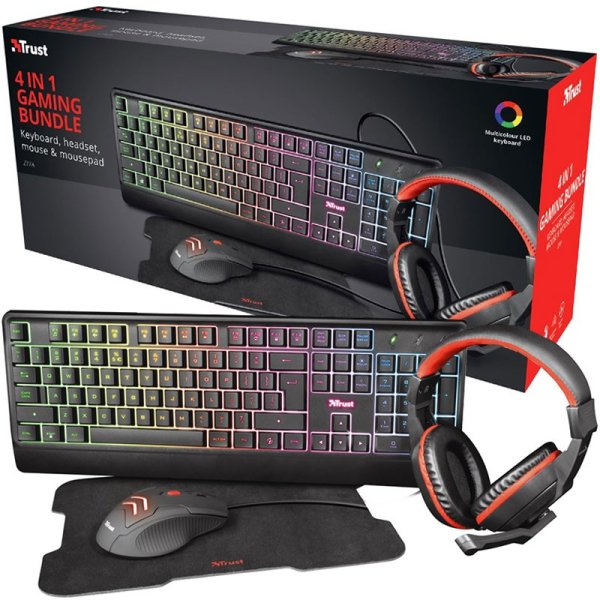 KIT GAMING 4in1 TASTIERA LED MULTICOLORE, MOUSE (1000-3000dpi), TAPPETINO (22X30cm) E CUFFIE MICROFONO A SCOMPARSA 24234 TRUST