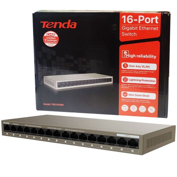 SWITCH GIGABIT ETHERNET HUB 16 PORTE RJ45 10/100/1000 MBPS CON SCOCCA IN ACCIAIO E CPU POTENTE E AFFIDABILE TEG1016M TENDA