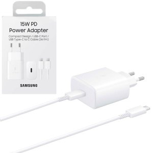 CARICATORE DA RETE 15W ORIGINALE SAMSUNG CON 1 PORTA TYPE-C (FAST CHARGING) + CAVO TYPE-C/TYPE-C 3A/1 MT BIANCO EP-T1510XWEGEU