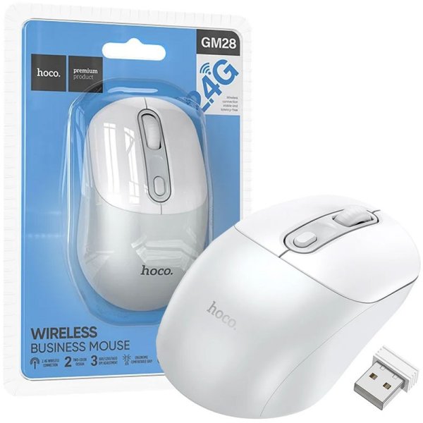 MOUSE WIRELESS 2.4G RISOLUZIONE REGOLABILE 800/1200/1600 DPI CON 4 TASTI E ROTELLINA SCROLL - COLORE BIANCO E GRIGIO GM28 HOCO