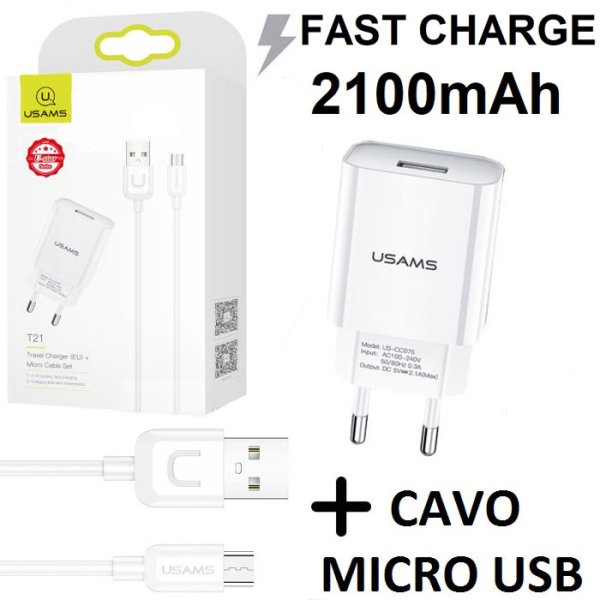 CARICATORE DA RETE 2100mAh CON 1 PORTA USB + CAVO MICRO USB LUNGHEZZA 1 MT - FAST CHARGING - COLORE BIANCO T21OCMC01 USAMS