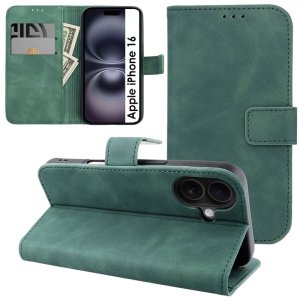 CUSTODIA per APPLE IPHONE 16 (6.1") FLIP ORIZZONTALE IN ECOPELLE CON INTERNO IN TPU, PORTA CARTE E CHIUSURA MAGNETICA VERDE