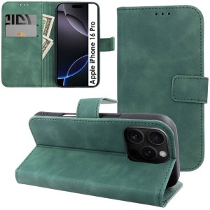 CUSTODIA per APPLE IPHONE 16 PRO (6.3") FLIP ORIZZONTALE IN ECOPELLE CON INTERNO IN TPU, PORTA CARTE E CHIUSURA MAGNETICA VERDE