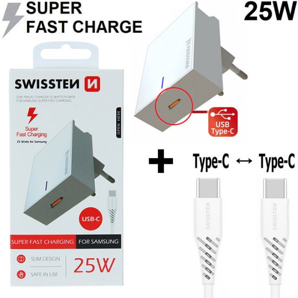 CARICATORE DA RETE 25W CON 1 PORTA TYPE-C (SUPER FAST CHARGING) + CAVO TYPE-C/TYPE-C - LUNGHEZZA 1,2 MT BIANCO 22050200 SWISSTEN