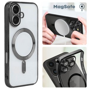 CUSTODIA per APPLE IPHONE 16 (6.1") IN TPU A 360° (COMPRESE FOTOCAMERE) DETTAGLI NERI CROMATI - COMPATIBILE CON RICARICA MAGSAFE