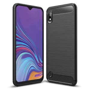 CUSTODIA per SAMSUNG GALAXY A10 (SM-A105) IN GEL TPU SILICONE EFFETTO METALLICO CON INSERTI IN FANTASIA CARBONIO NERO