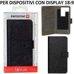 CUSTODIA FLIP ORIZZONTALE SIMILPELLE UNIVERSALE NERA con FISSAGGIO ADESIVO DIMENSIONI 148 X 71 mm MISURA "L" SWISSTEN