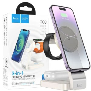 CARICATORE WIRELESS 15W 3IN1 CON STAND CHIUDIBILE (COMPATIBILE MAGSAFE) PER APPLE WATCH, AIRPODS e IPHONE BIANCO HOCO CQ3